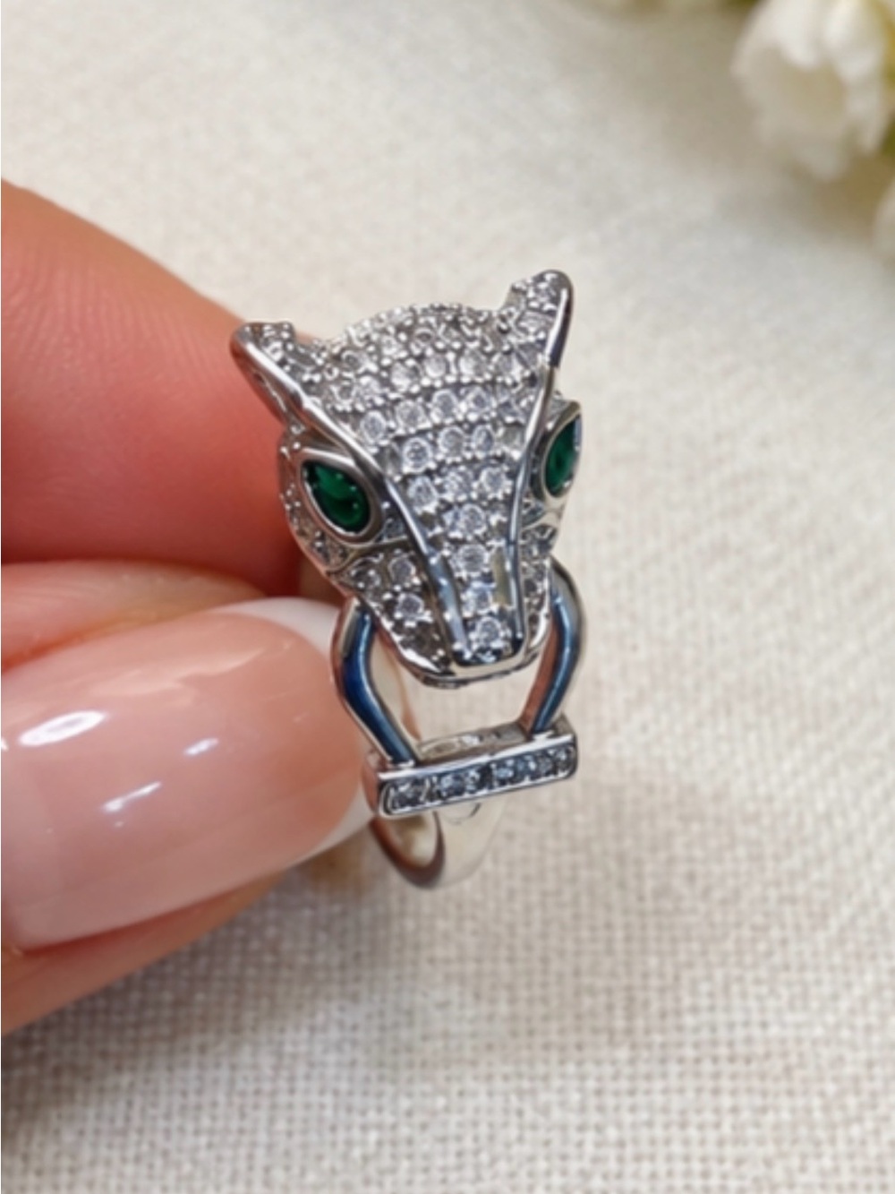 Silver Panther Head Ring with Green Stone Eyes